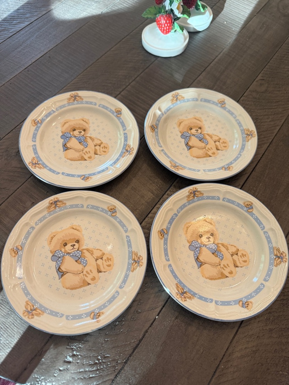 Tienshan Country Bear Ceramic Salad Plates 7 3/8” - Set of 4, Blue Bow Accent